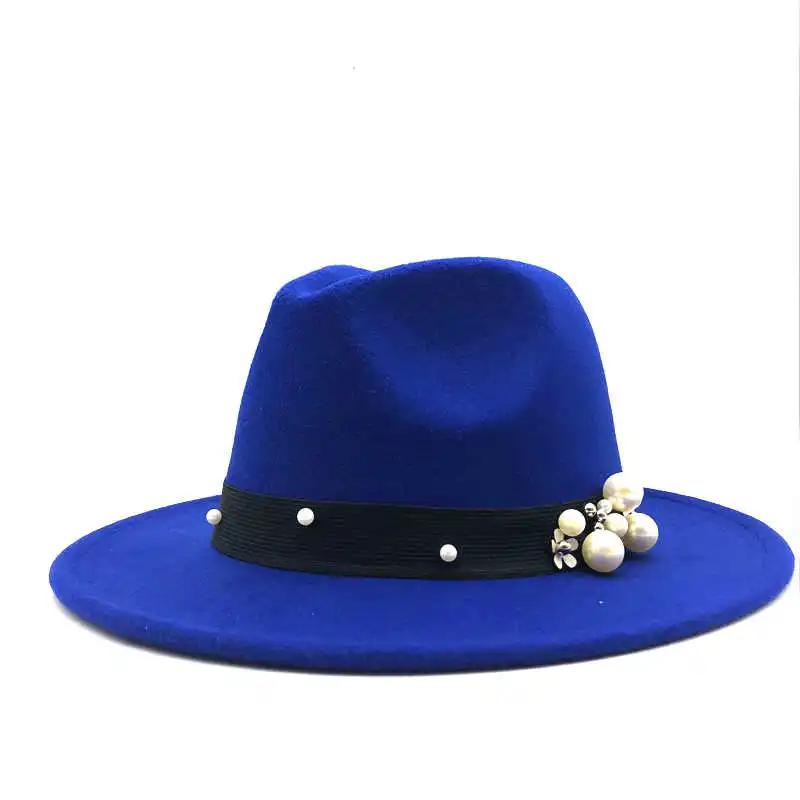 Hat Wool Fedora Hawkins Felt Cap Wide Brim Ladies Trilby Chapeu Feminino Hat Women Pearls Jazz Church Godfather Somb